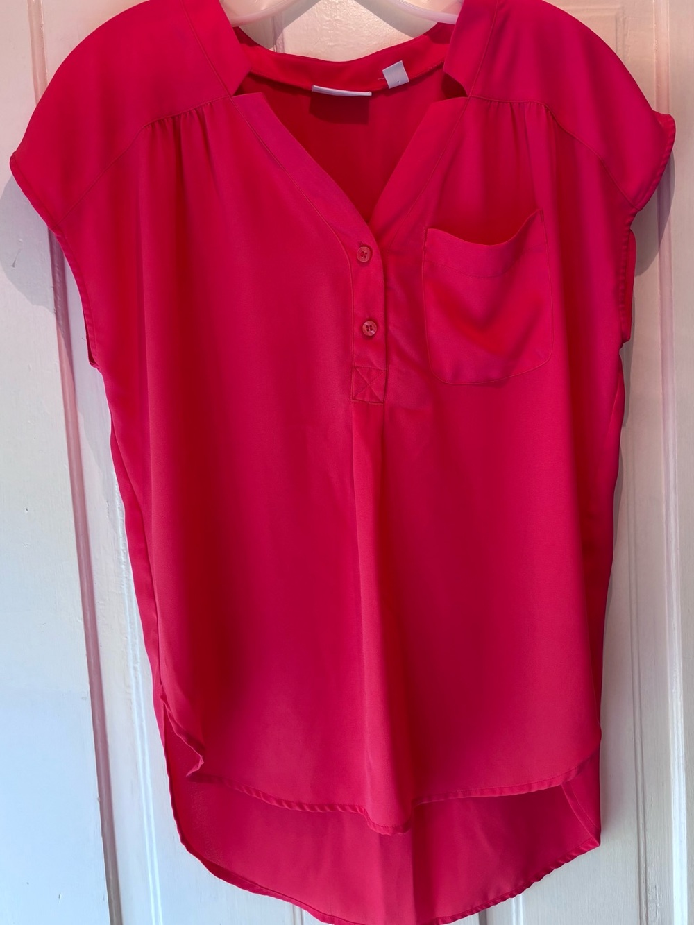 New York & Company Bright Pink V-Neck Button Pocket Blouse